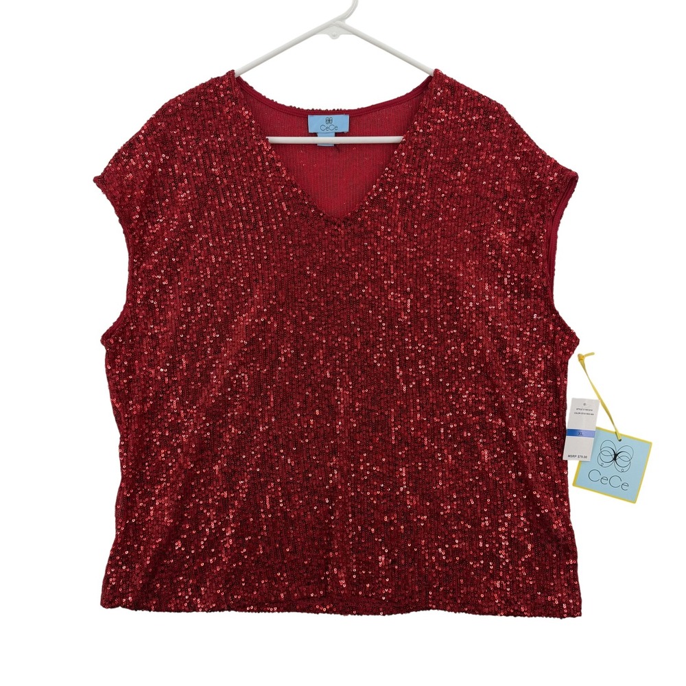CeCe Shirt Womens Extra Large Red Sequin V-Neck Cap Sleeve Party Holiday Top NWT